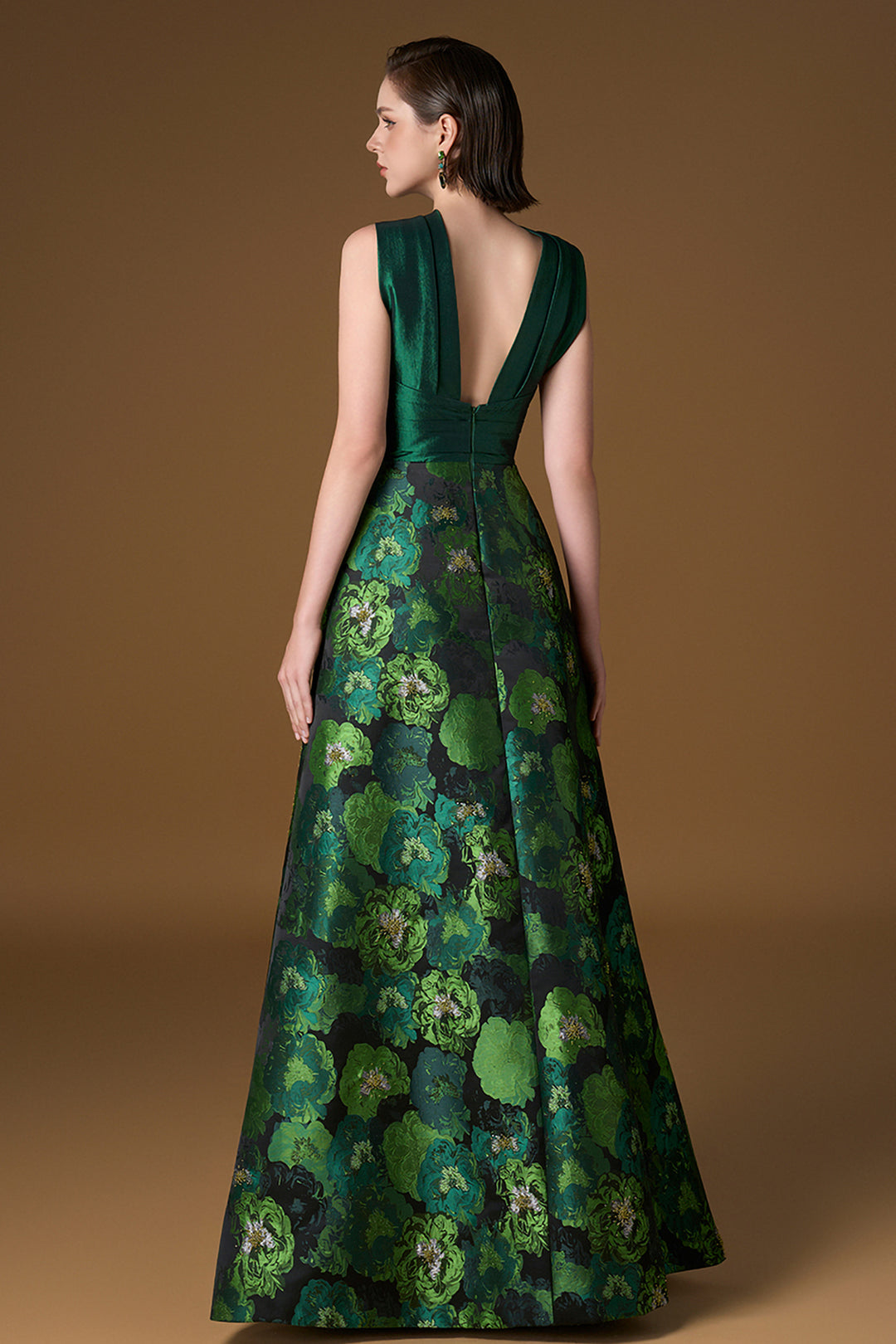 Round Neck A-Line Dress with Ties Taffeta and Floral Jacquard