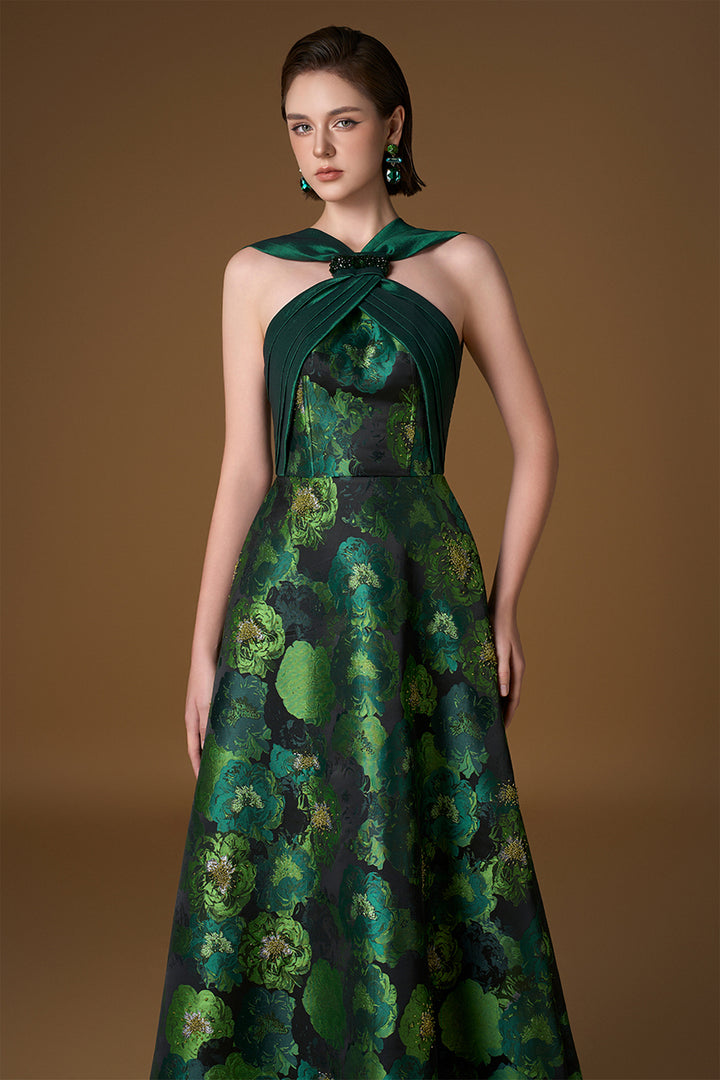 Round Neck A-Line Dress with Ties Taffeta and Floral Jacquard