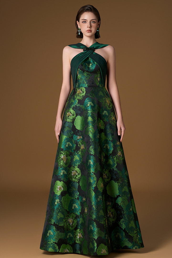 Round Neck A-Line Dress with Ties Taffeta and Floral Jacquard