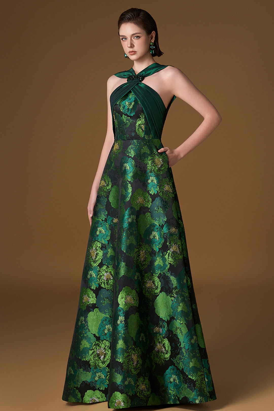 Round Neck A-Line Dress with Ties Taffeta and Floral Jacquard