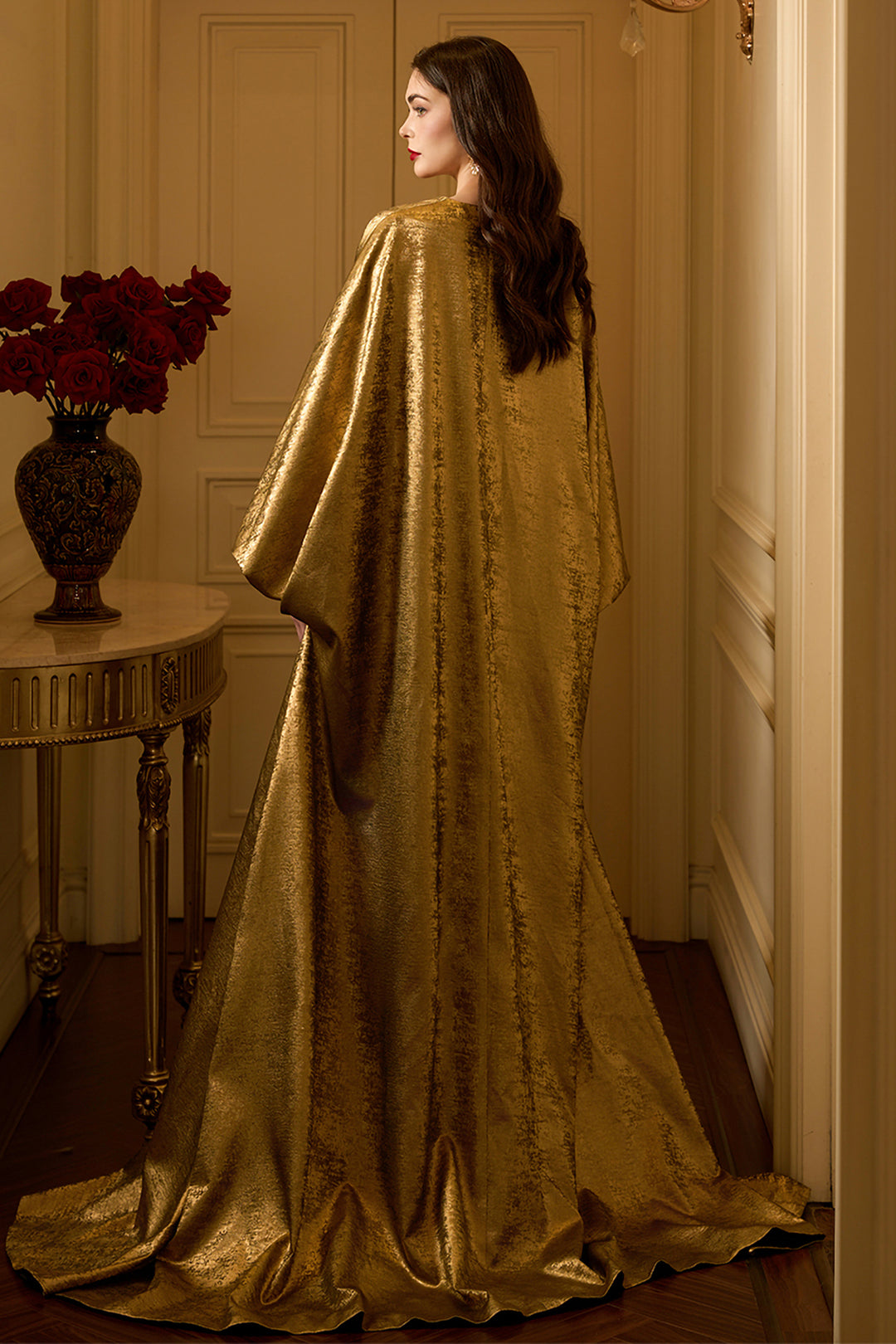 Baroque-Inspired Strapless Dress with Draped Coat