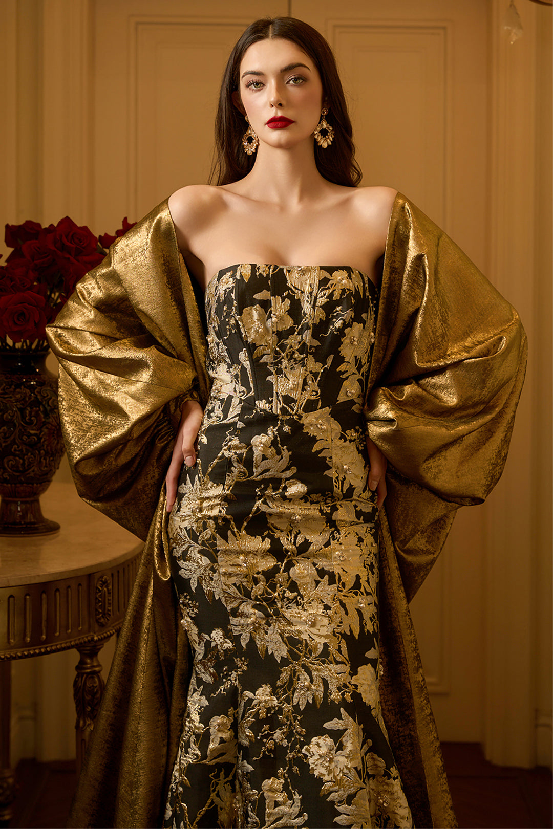 Baroque-Inspired Strapless Dress with Draped Coat