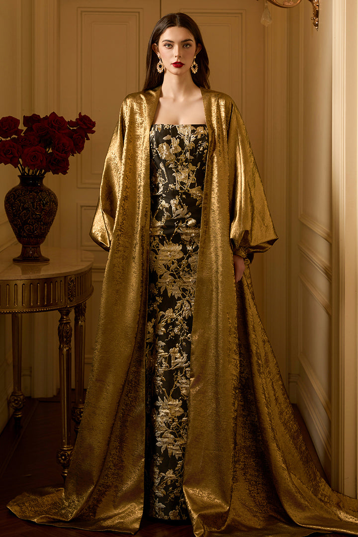 Baroque-Inspired Strapless Dress with Draped Coat