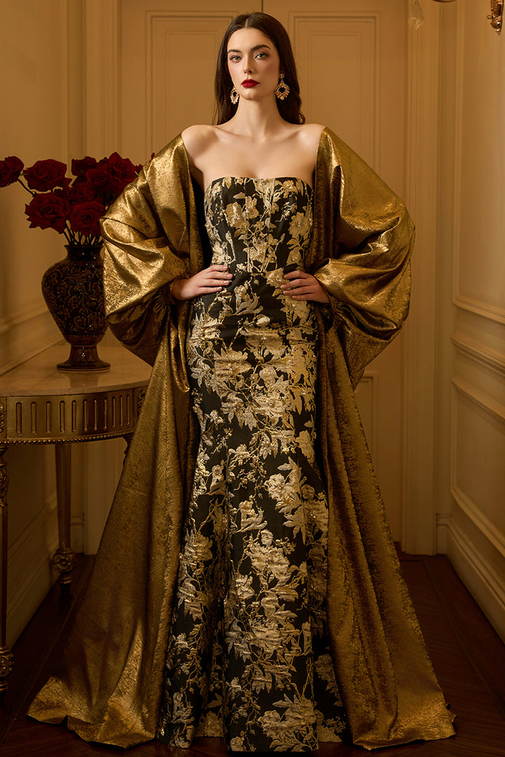 Baroque-Inspired Strapless Dress with Draped Coat