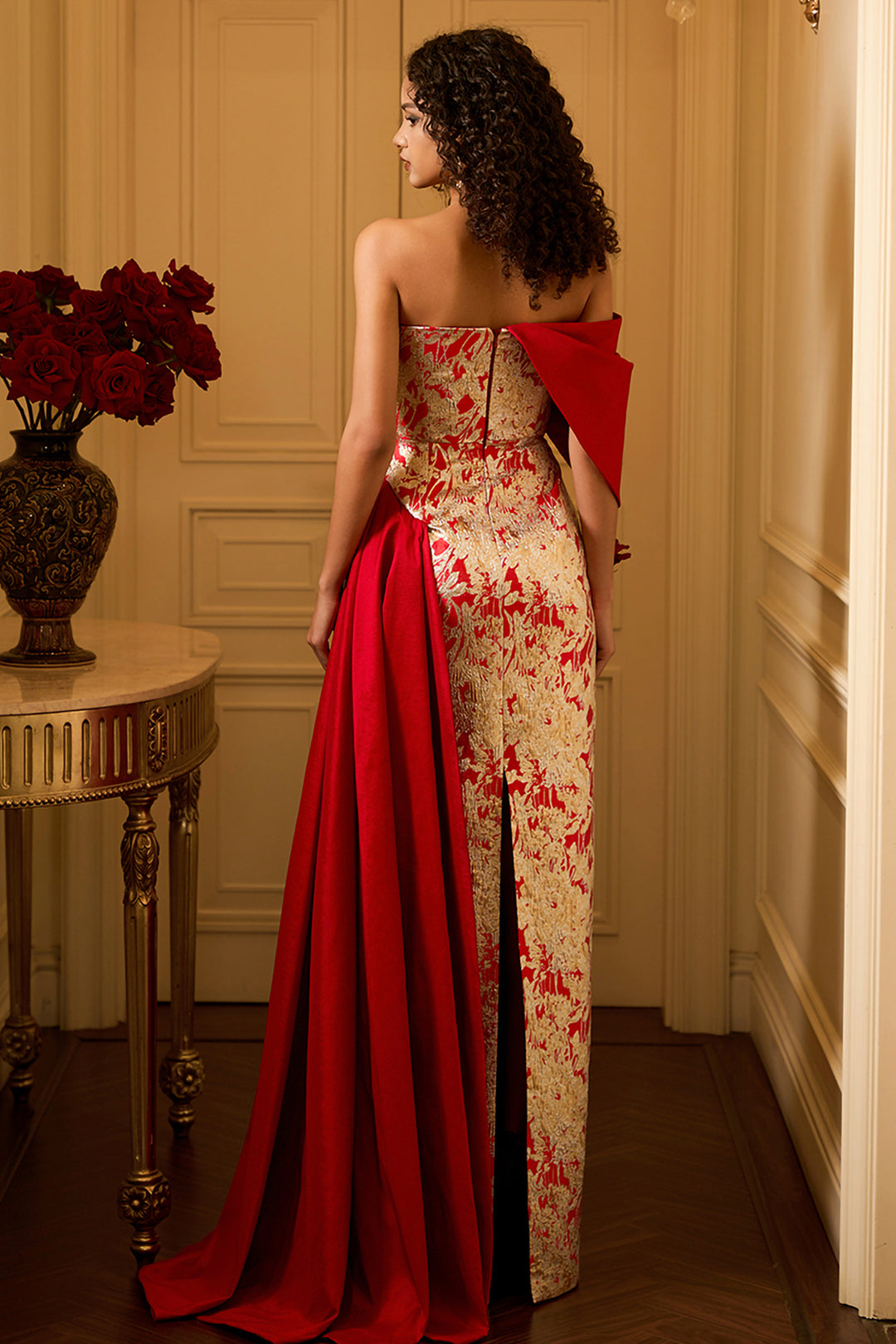 One-Shoulder Column Dress with Side Train