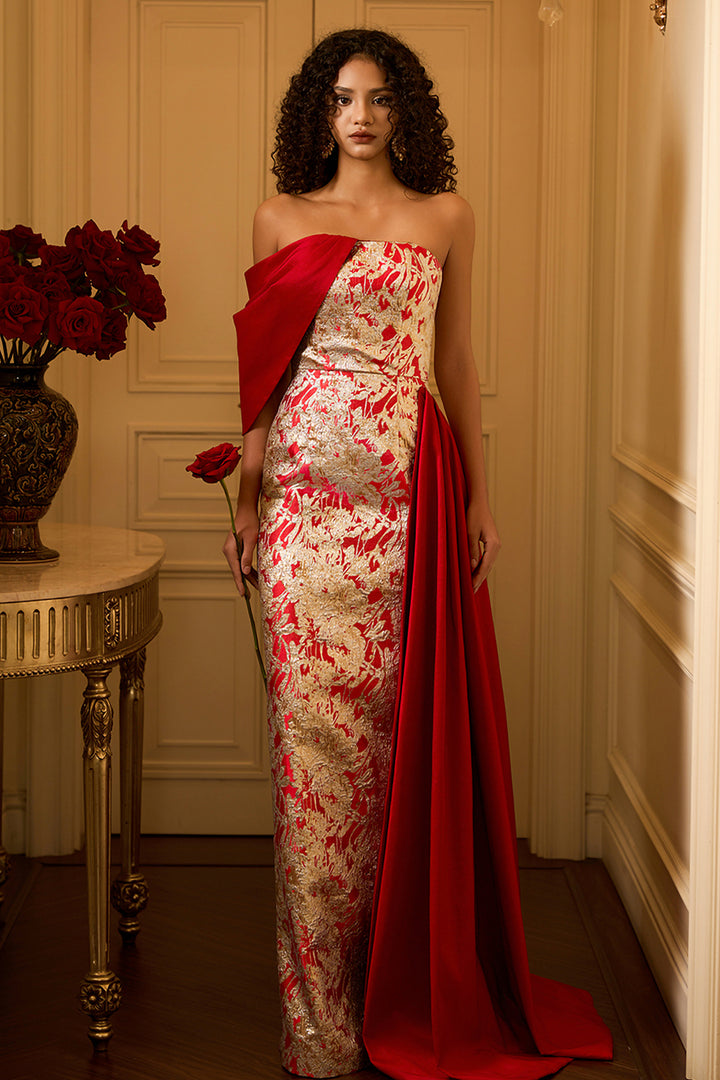 One-Shoulder Column Dress with Side Train