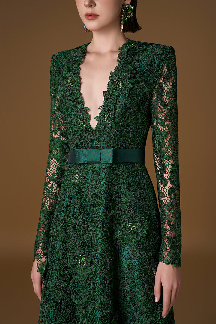 V-Neck A-Line Dress with Long Sleeve
