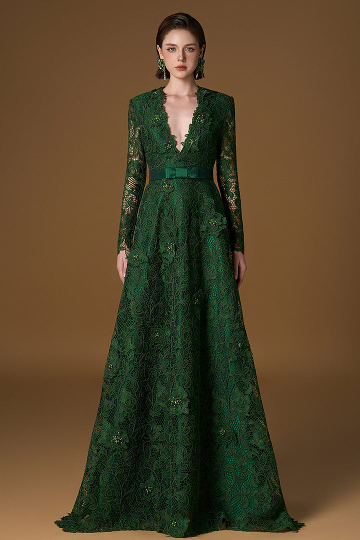V-Neck A-Line Dress with Long Sleeve