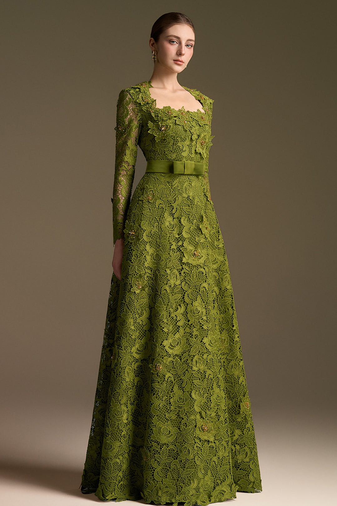 Trapeze Neckline A-Line Dress with Long Sleeves Lace