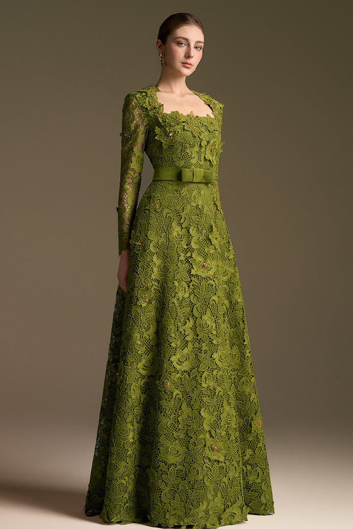 Trapeze Neckline A-Line Dress with Long Sleeves Lace