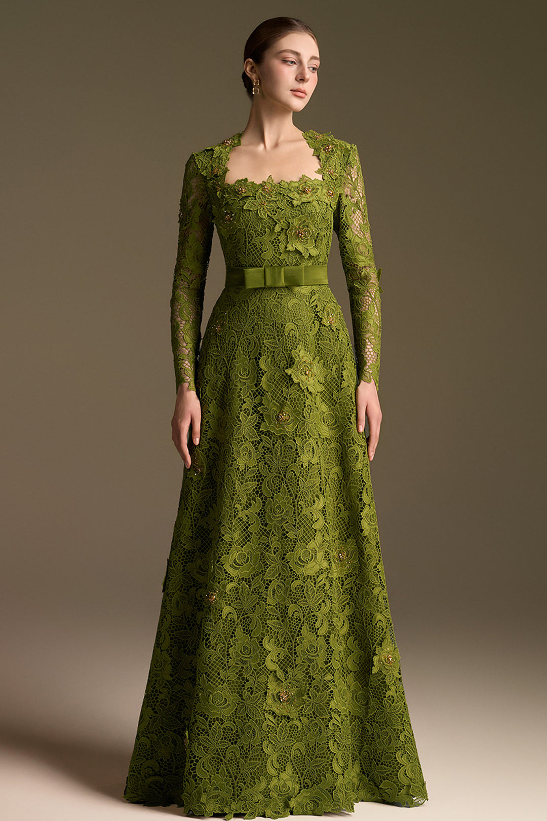 Trapeze Neckline A-Line Dress with Long Sleeves Lace – M.R DESIGN