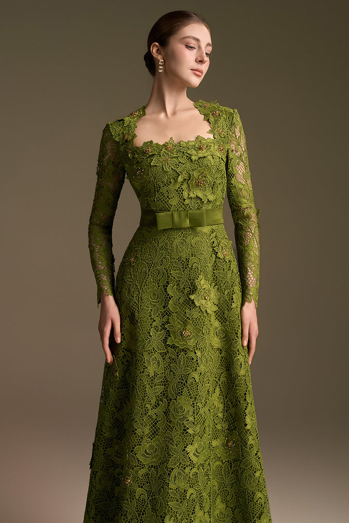 Trapeze Neckline A-Line Dress with Long Sleeves Lace