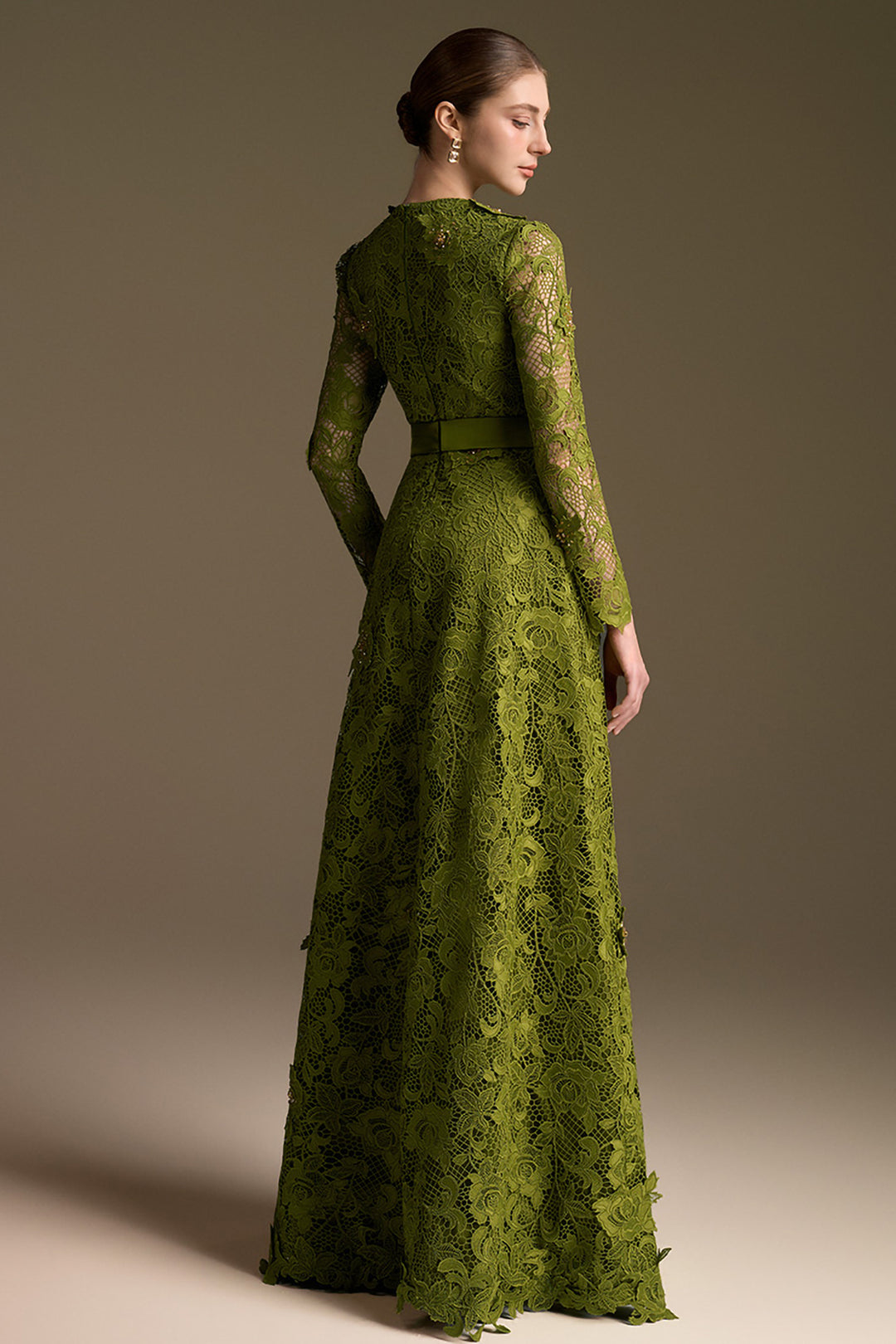 Trapeze Neckline A-Line Dress with Long Sleeves Lace