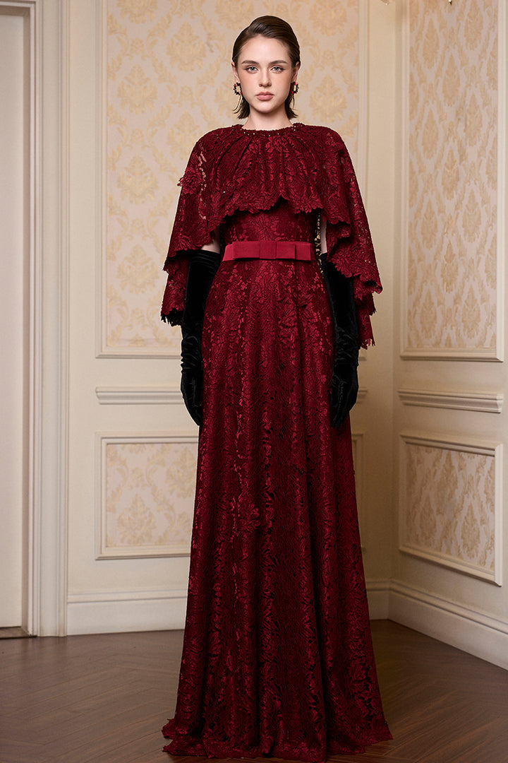 Round Neck A-Line Dress with Mullet Cape