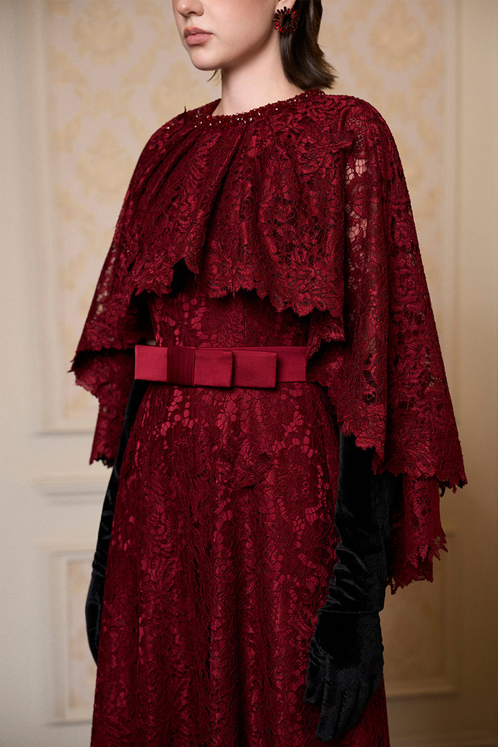 Round Neck A-Line Dress with Mullet Cape