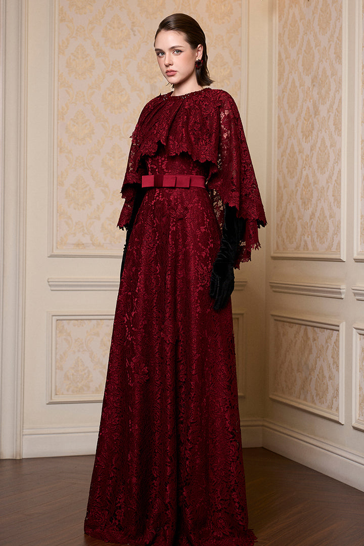 Round Neck A-Line Dress with Mullet Cape