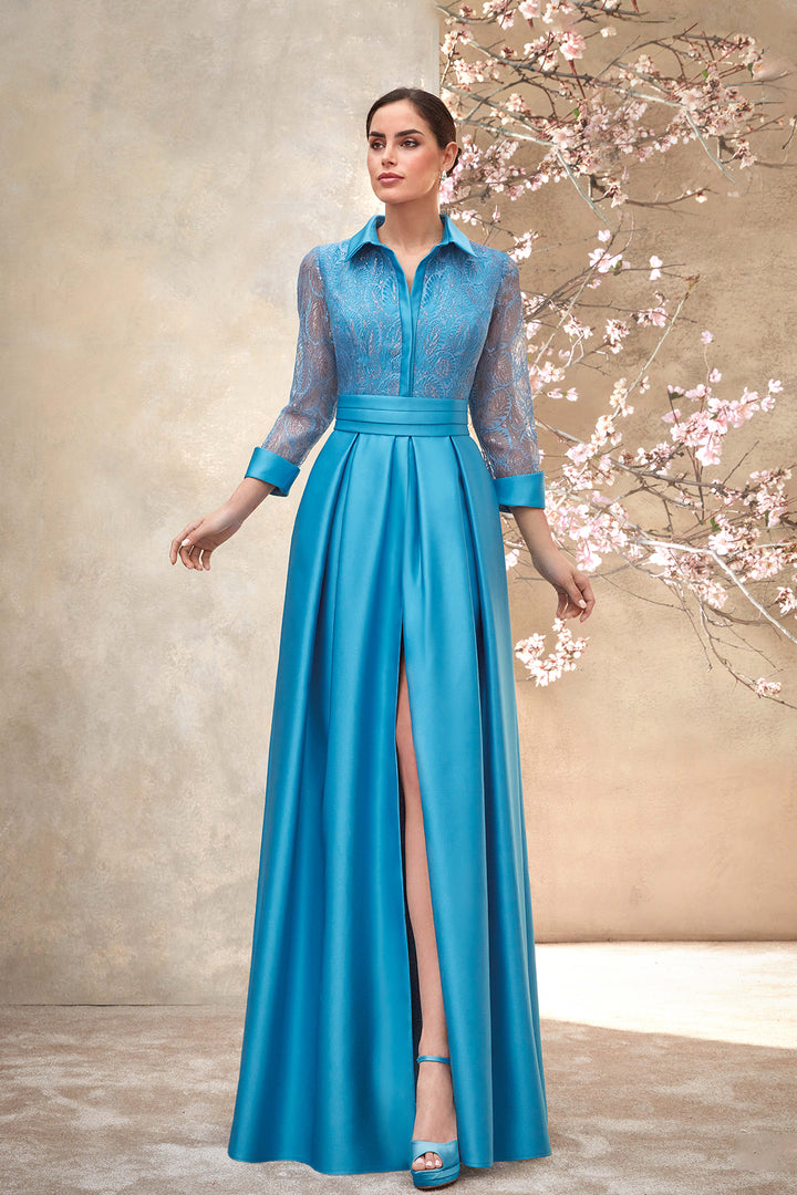 A-line Mikado Dress with Chantilly Lace and Belt