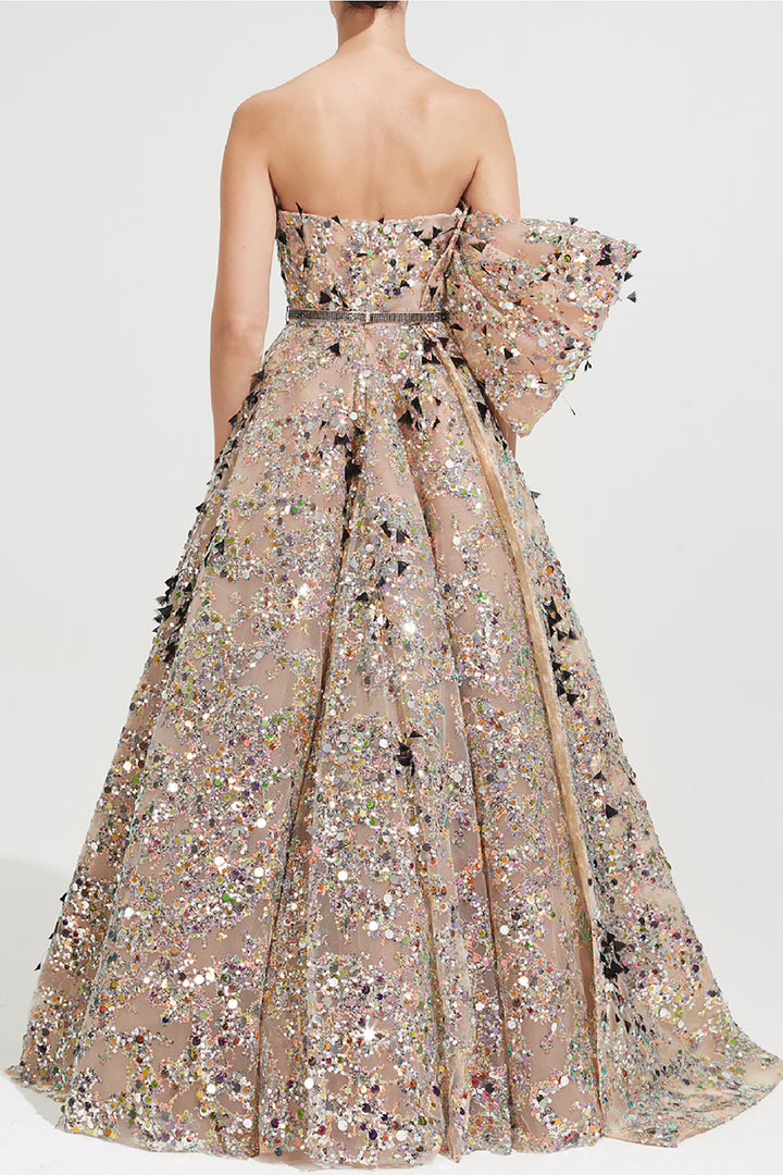 Strapless Pleated Bodice with Feathered Skirt