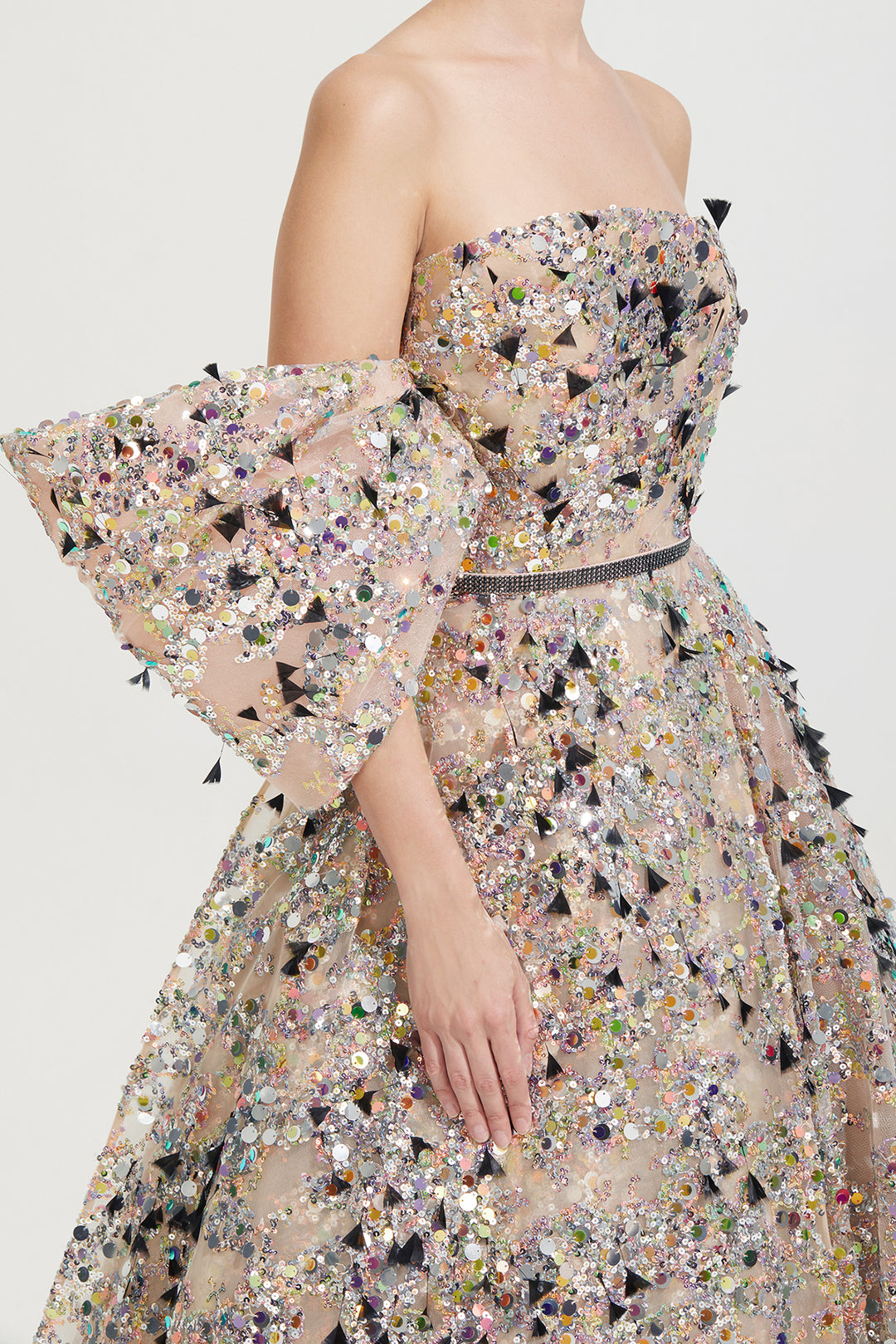 Strapless Pleated Bodice with Feathered Skirt