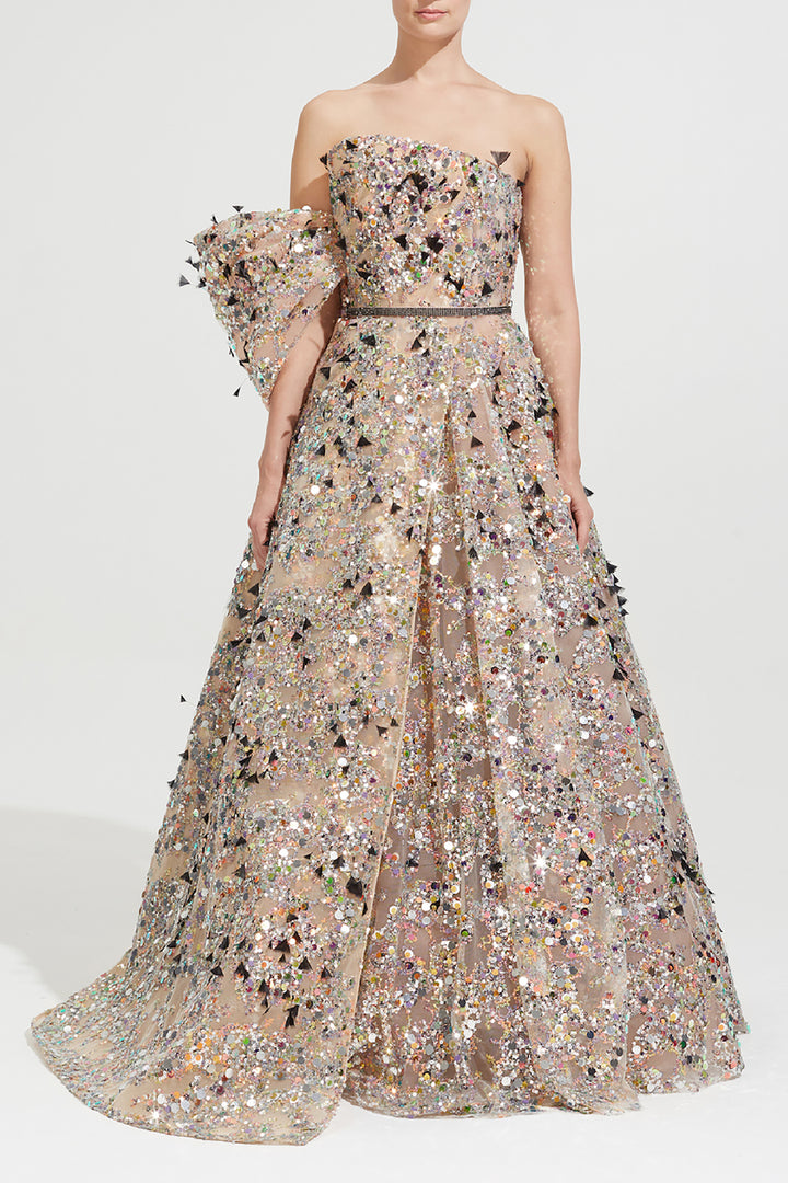 Strapless Pleated Bodice with Feathered Skirt