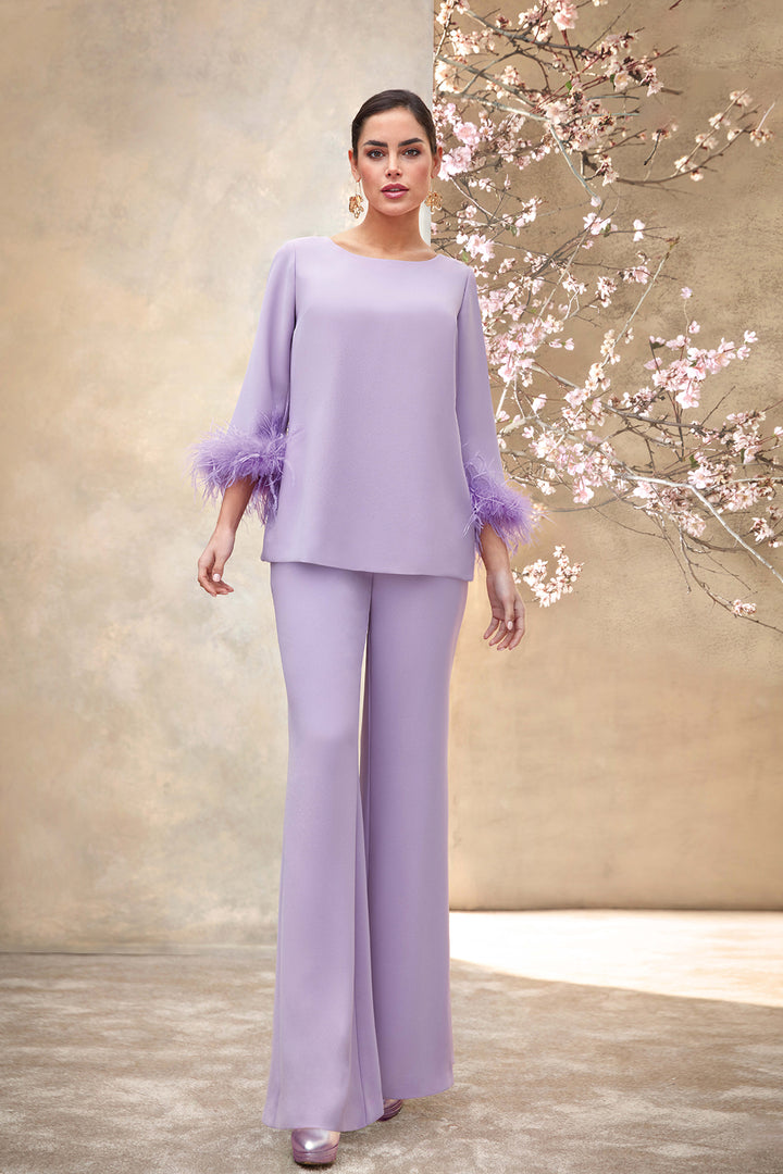 Crepe Trouser Suit with Feathered Blouse
