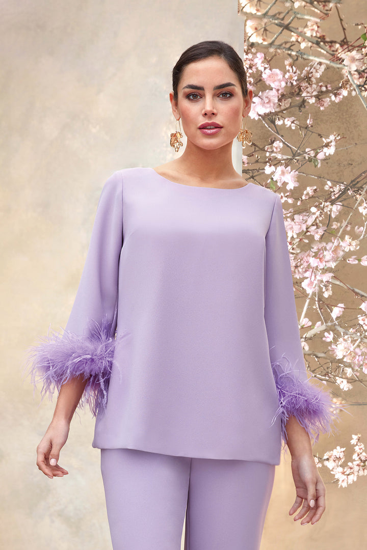 Crepe Trouser Suit with Feathered Blouse