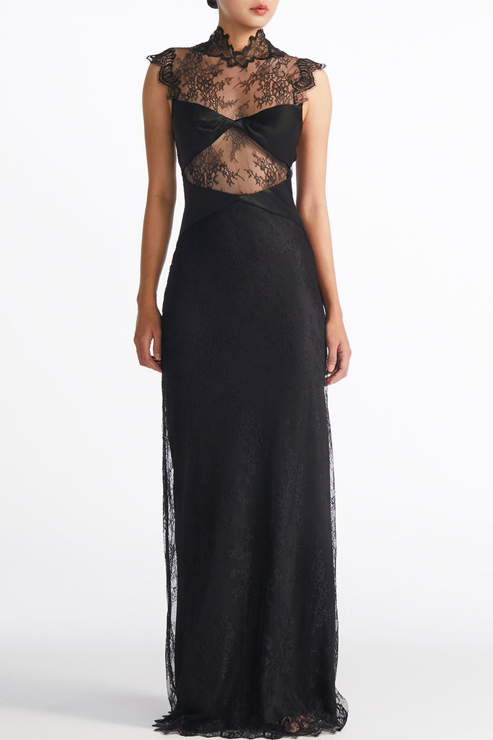 Lace Yoke with High Collar Cutout Dress