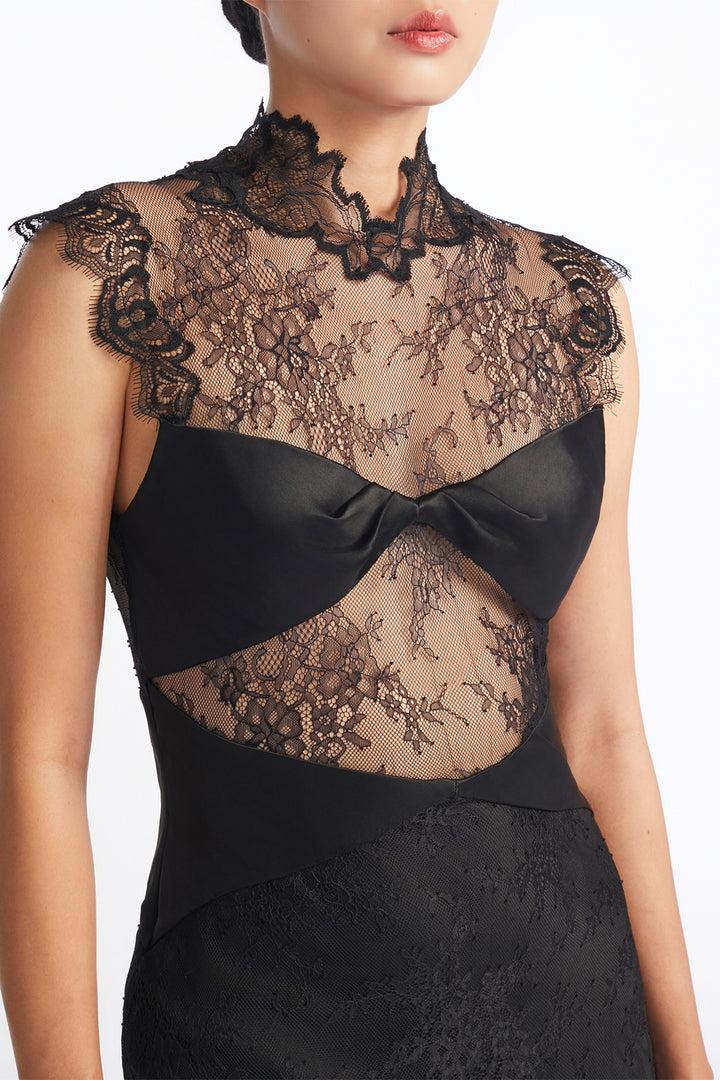 Lace Yoke with High Collar Cutout Dress