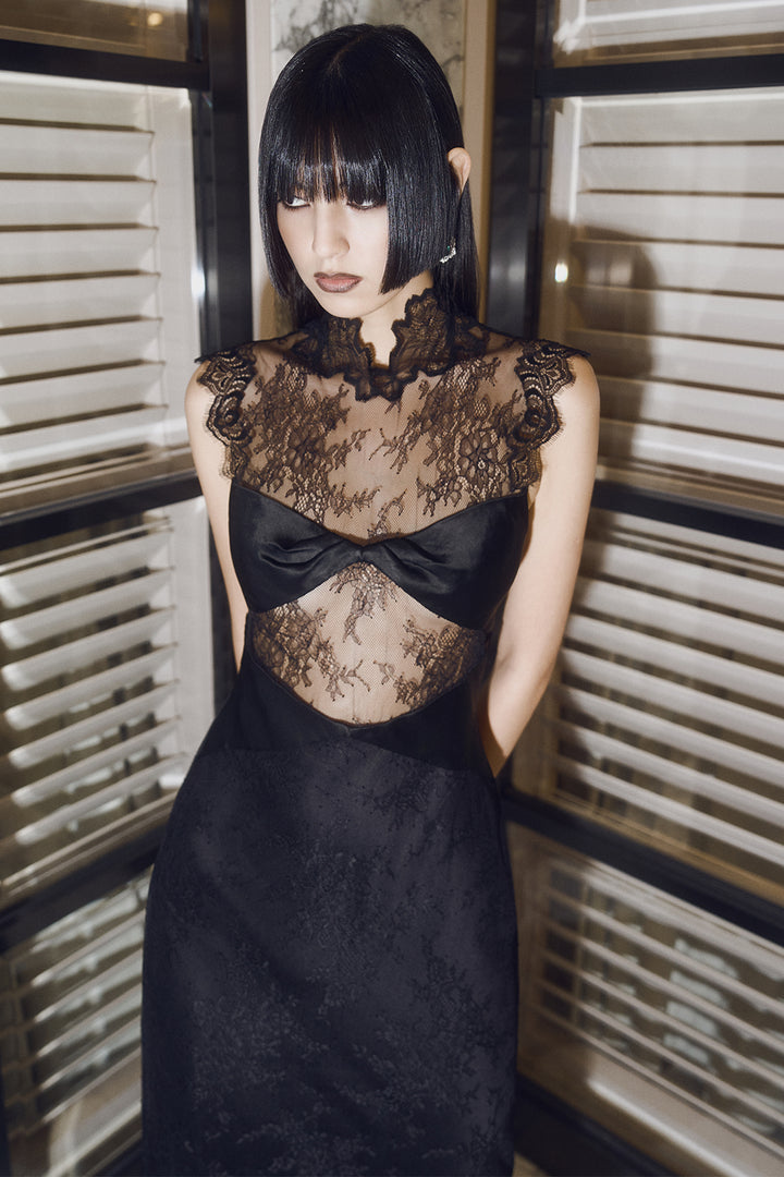 Lace Yoke with High Collar Cutout Dress