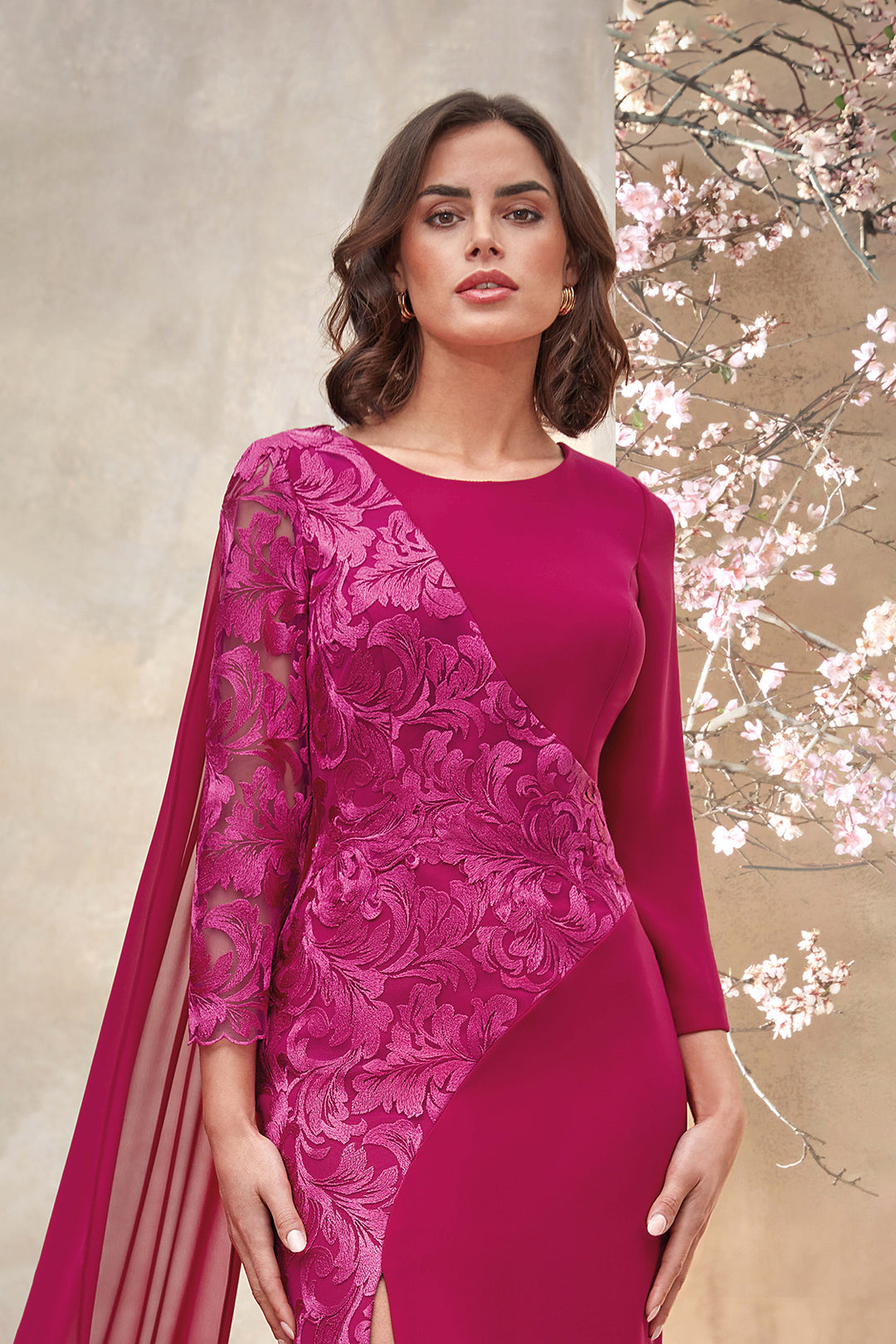 Mermaid Crepe Dress with Lace and Chiffon Drapes