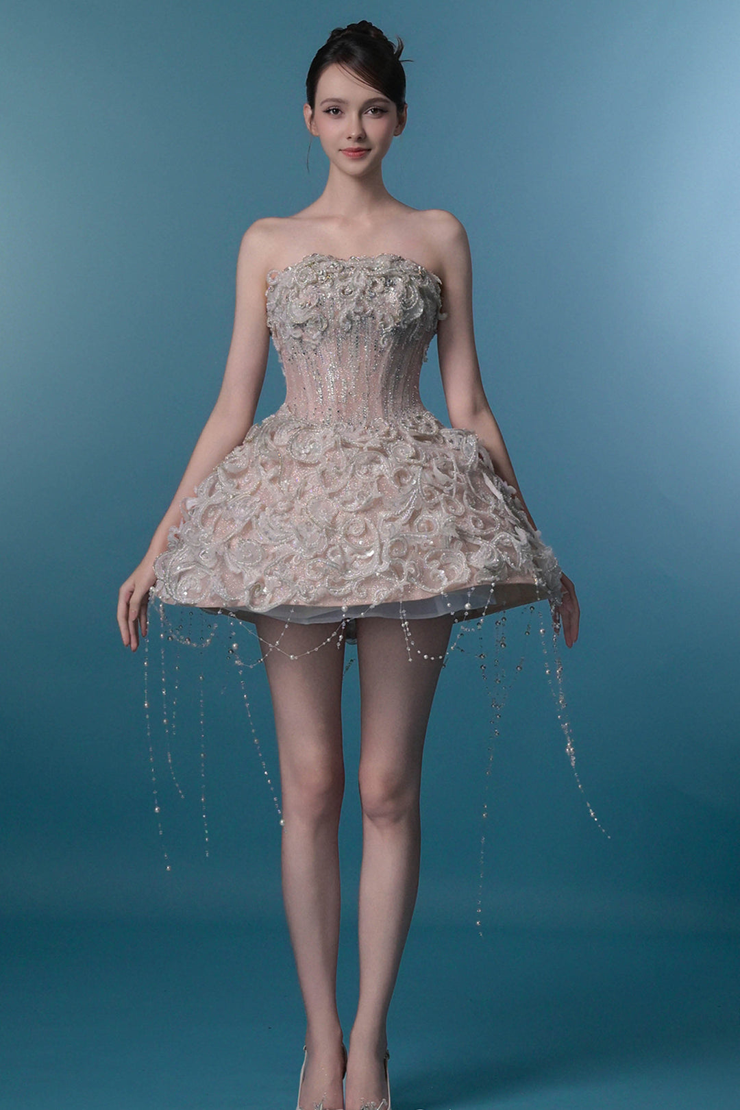champagne strapless mini dress Strapless Sparkle Mini Dress Champagne / FR 48