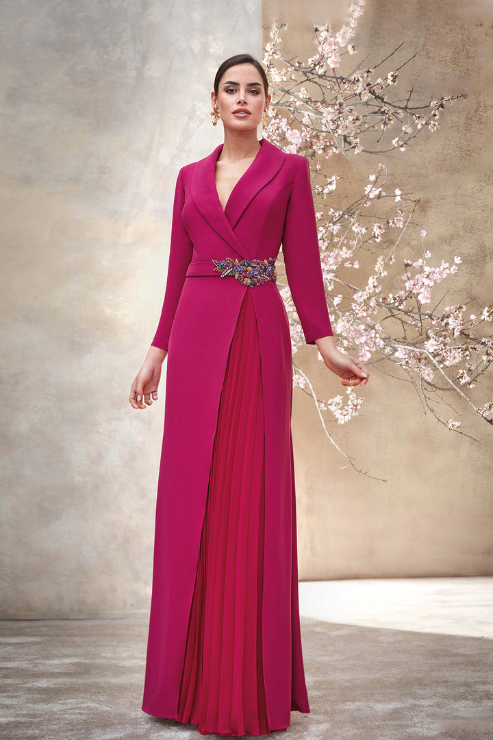 Crepe Dress with Tuxedo Collar and Jewel Belt