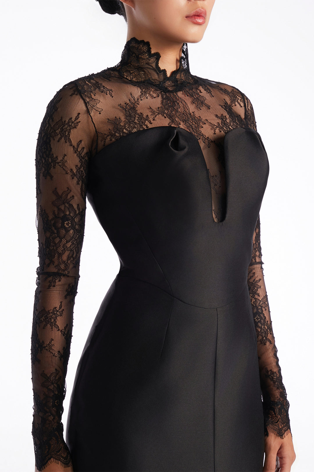 Lace Illusion High-Collar Slit with Column Dress