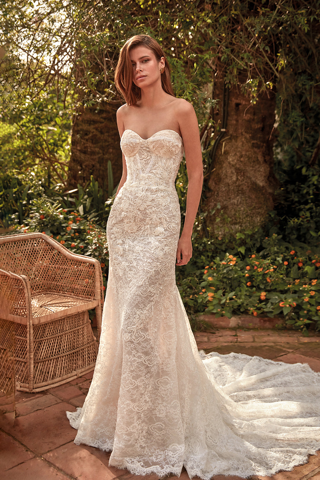 Mermaid Dress with Lace Beadwork and Cape Veil