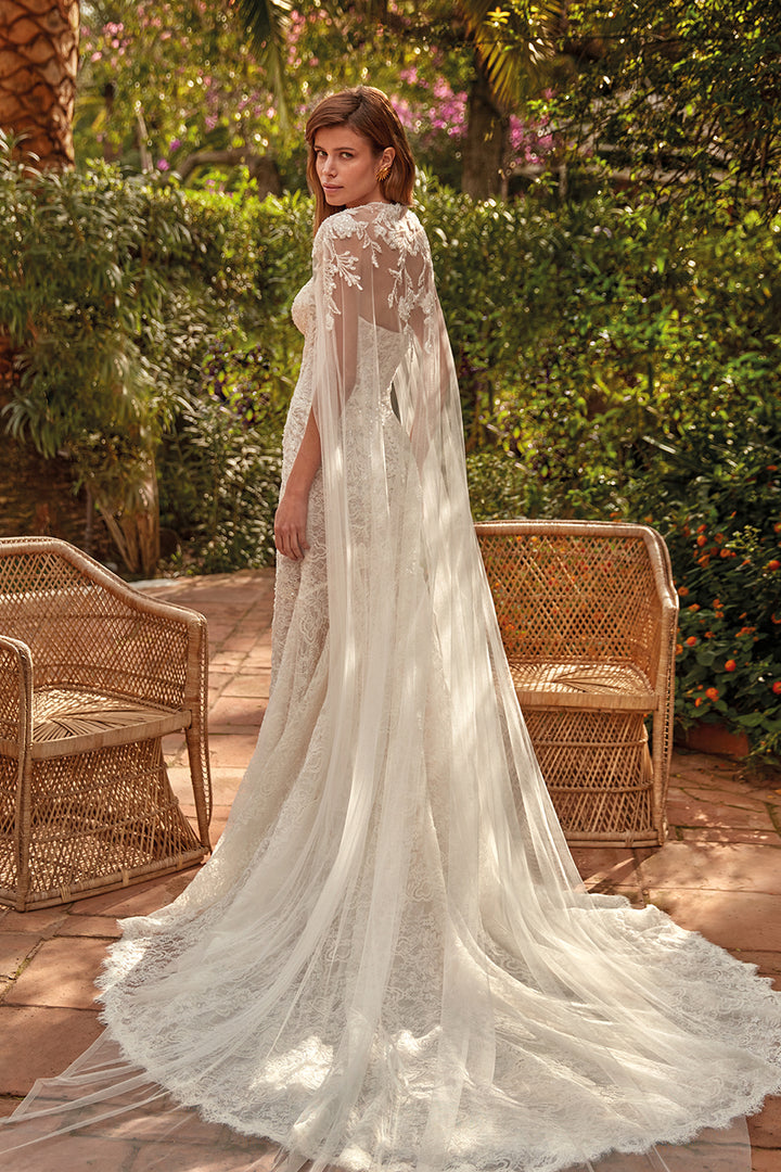 Mermaid Dress with Lace Beadwork and Cape Veil