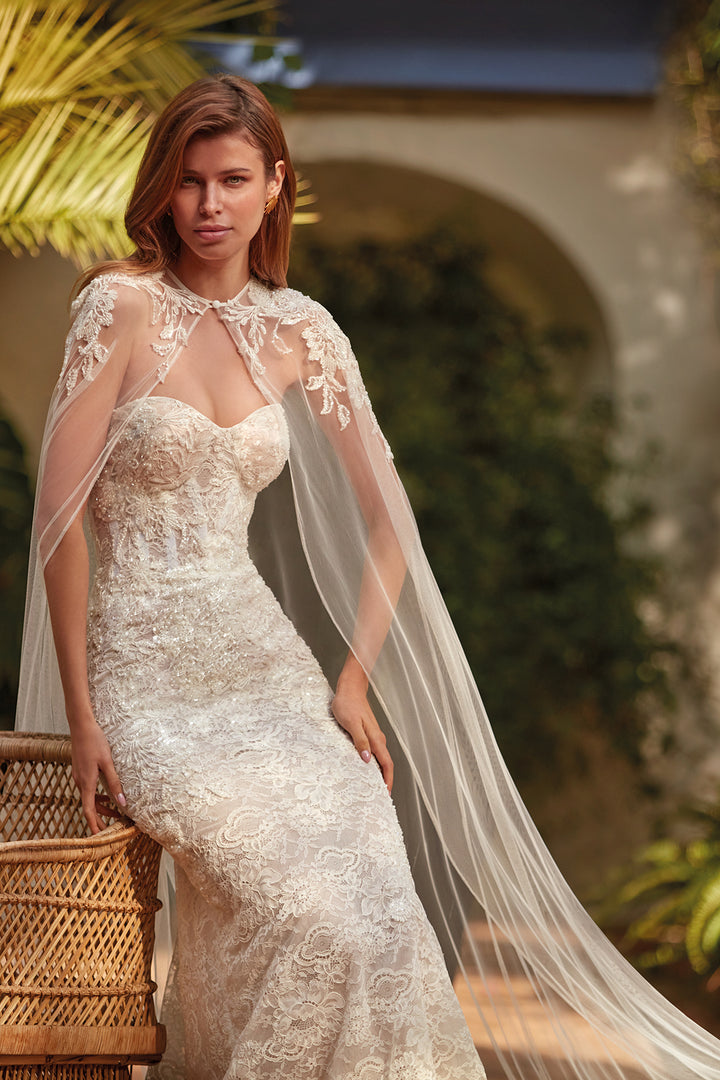 Mermaid Dress with Lace Beadwork and Cape Veil