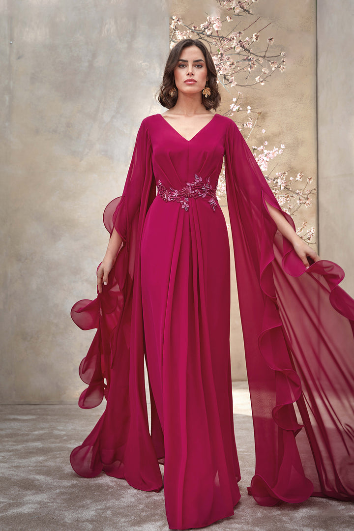 Chiffon Dress with Pleated Waist and Ruffled Sleeves