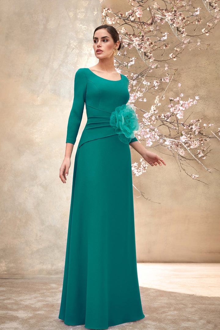 Crepe Dress with Pleated Waist and Organza Flower