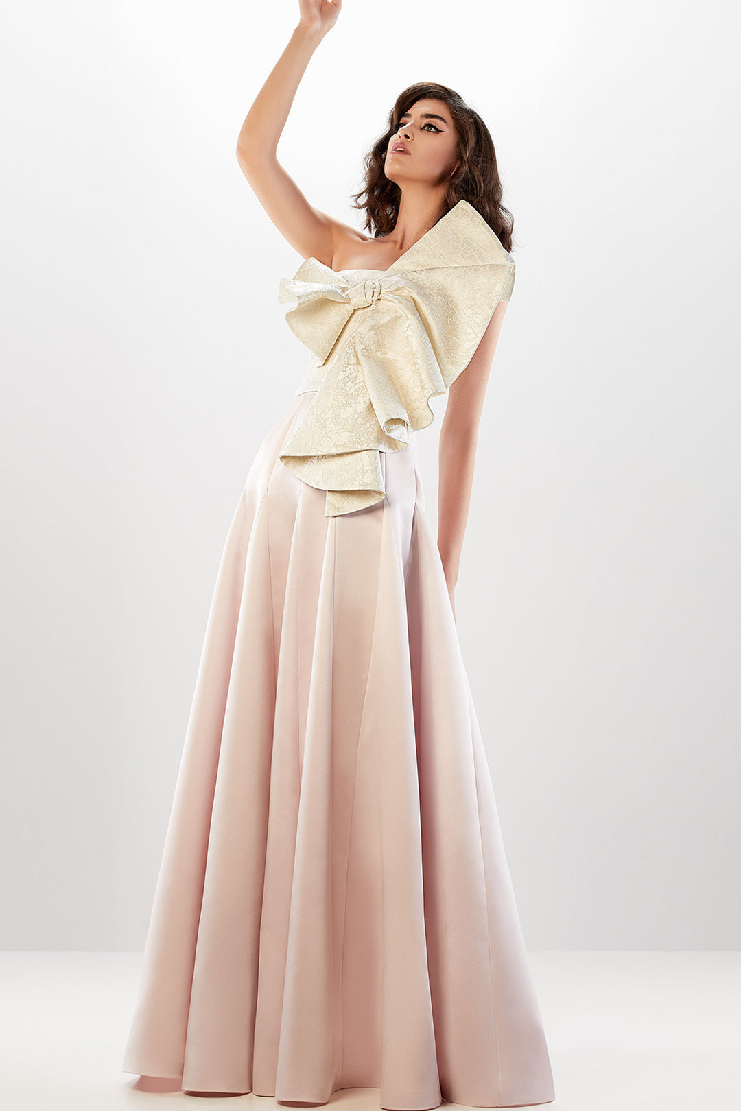 Brocade Dress with Draped Bow and Satin Skirt