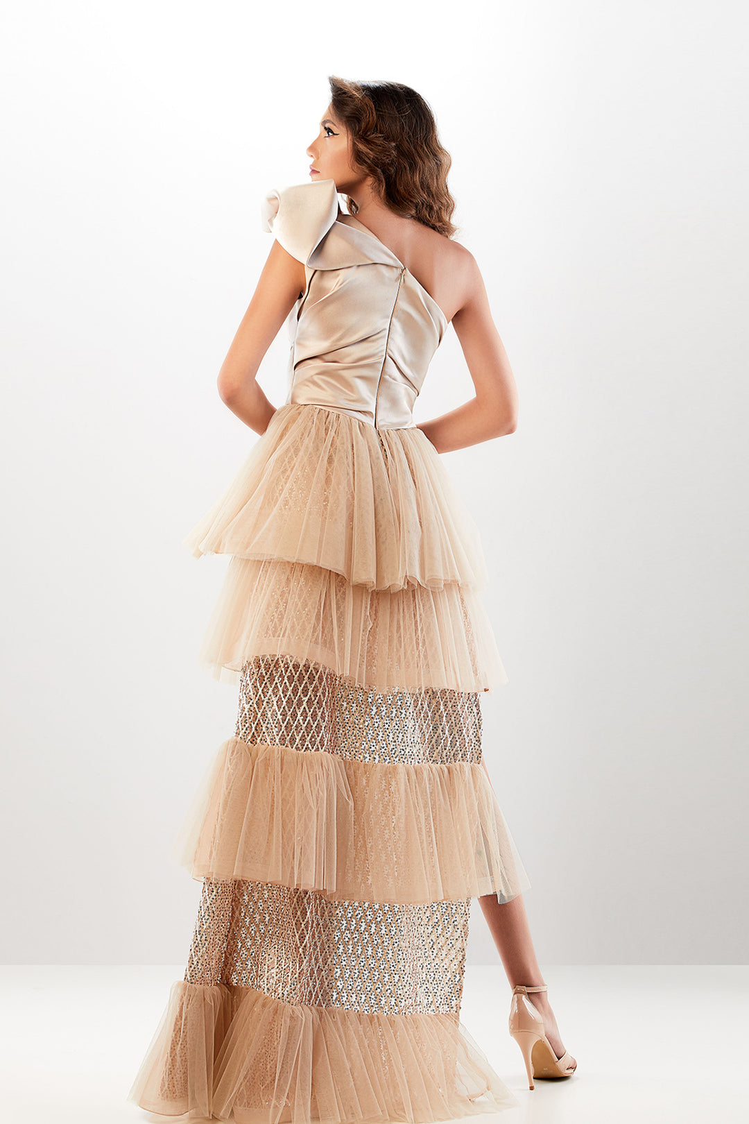 Satin A-Line Dress with Ruffled Tulle