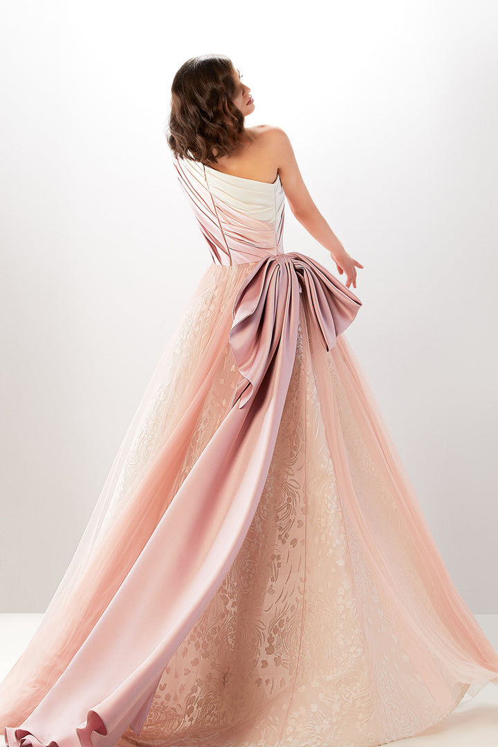 Satin Long Dress with Draped Bow and Embroidered Tulle Skirt