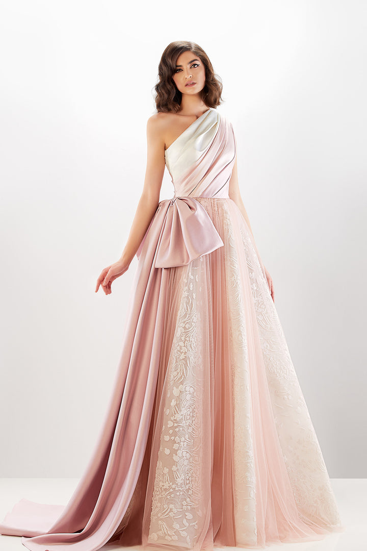 Satin Long Dress with Draped Bow and Embroidered Tulle Skirt