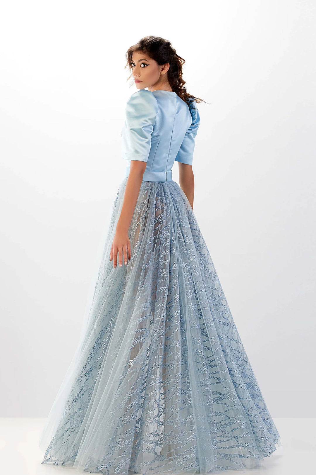 Satin Long Dress with Embroidered Tulle Skirt