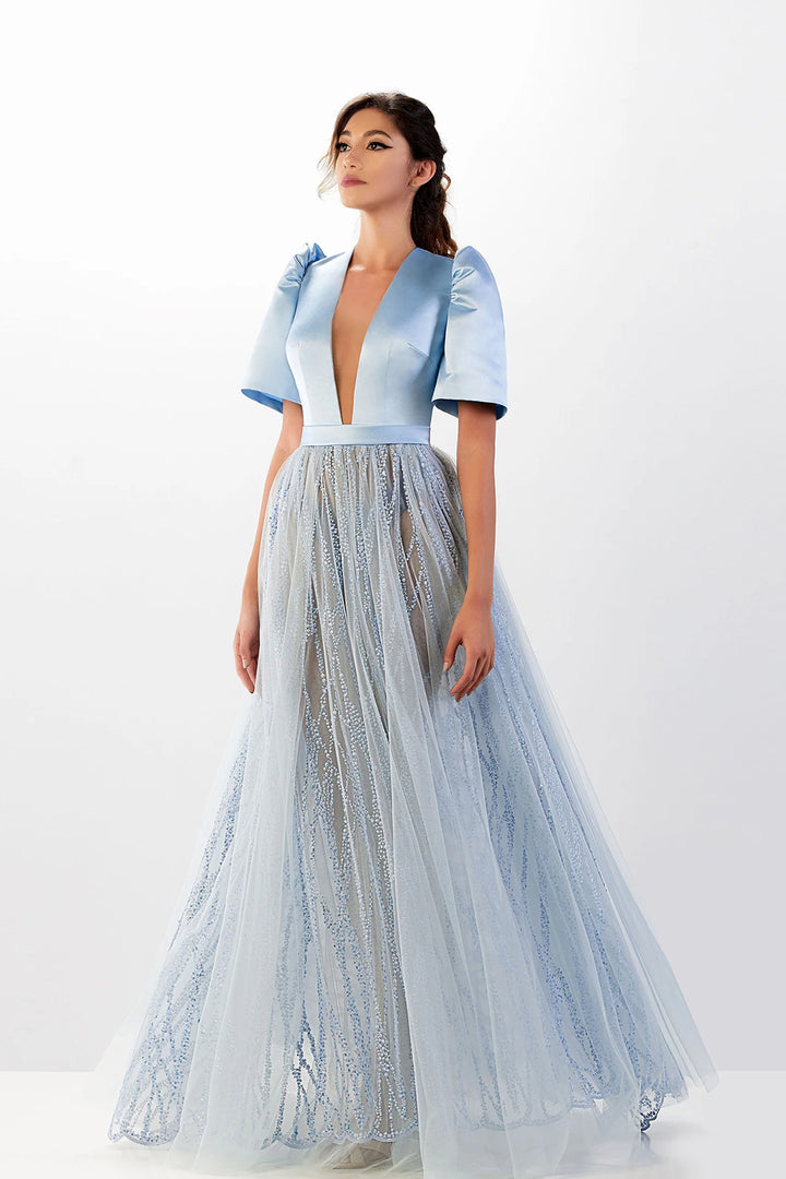 Satin Long Dress with Embroidered Tulle Skirt