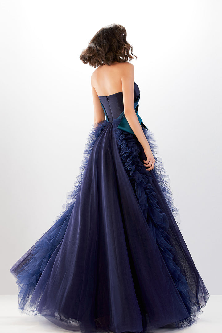 Strapless A-Line Dress with Draped Satin and Tulle Skirt