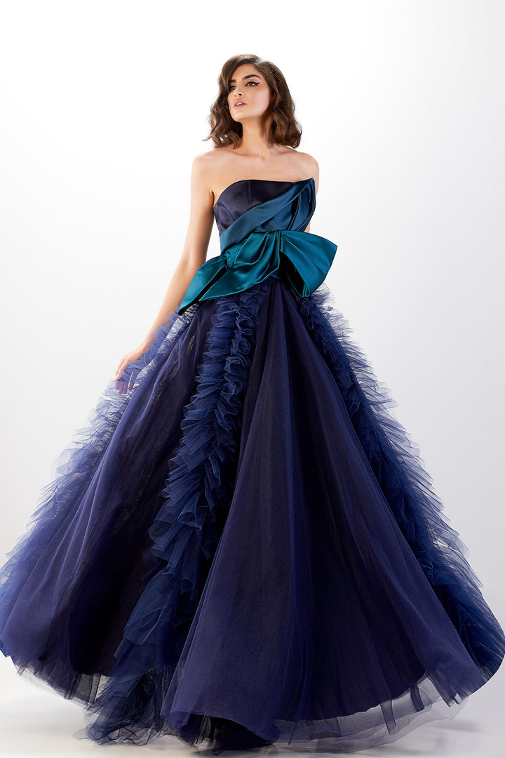 Strapless A-Line Dress with Draped Satin and Tulle Skirt