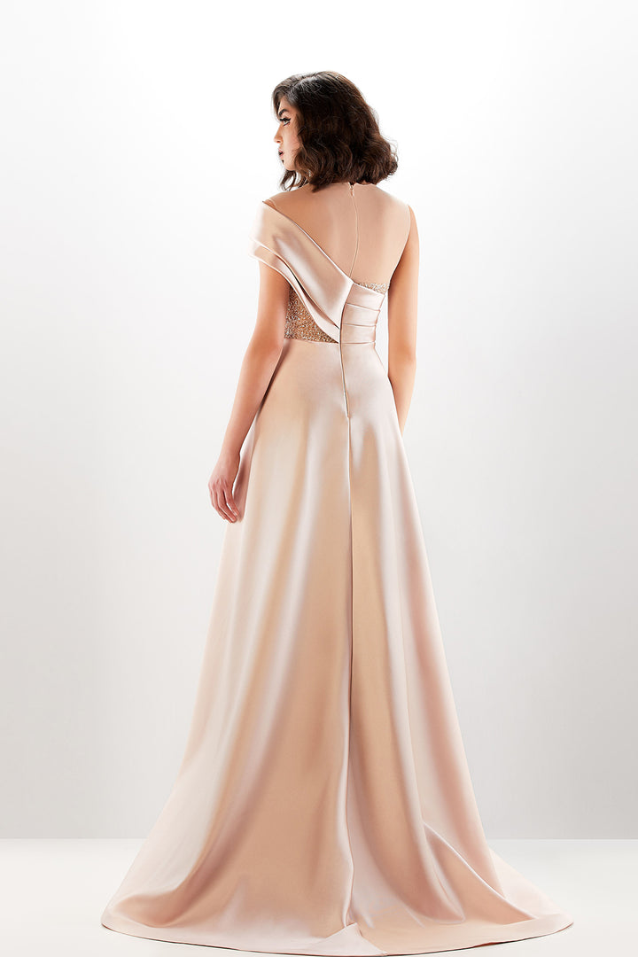 Mikado Floor-Length Dress with Draping and Sparkling Corset