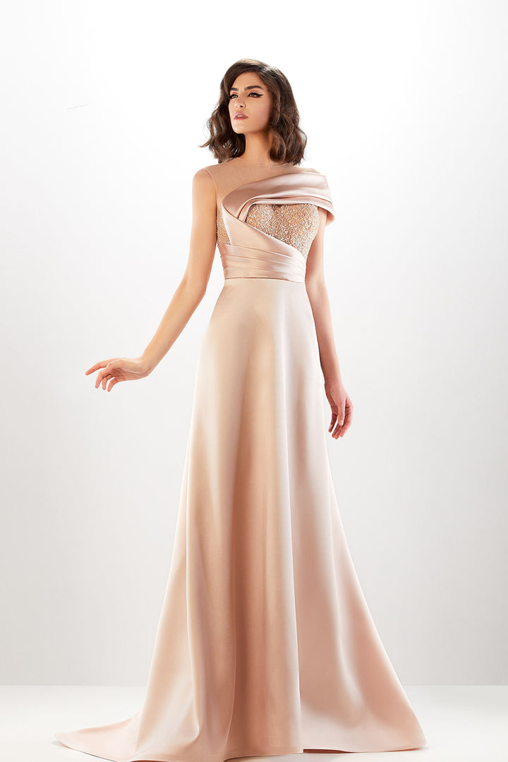 Mikado Floor-Length Dress with Draping and Sparkling Corset