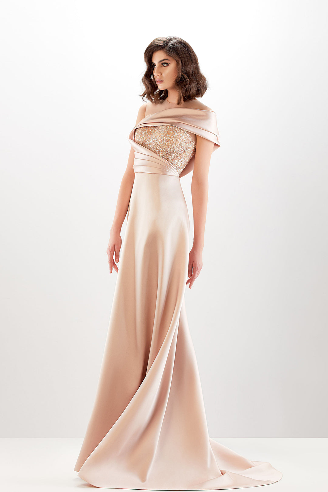 Mikado Floor-Length Dress with Draping and Sparkling Corset