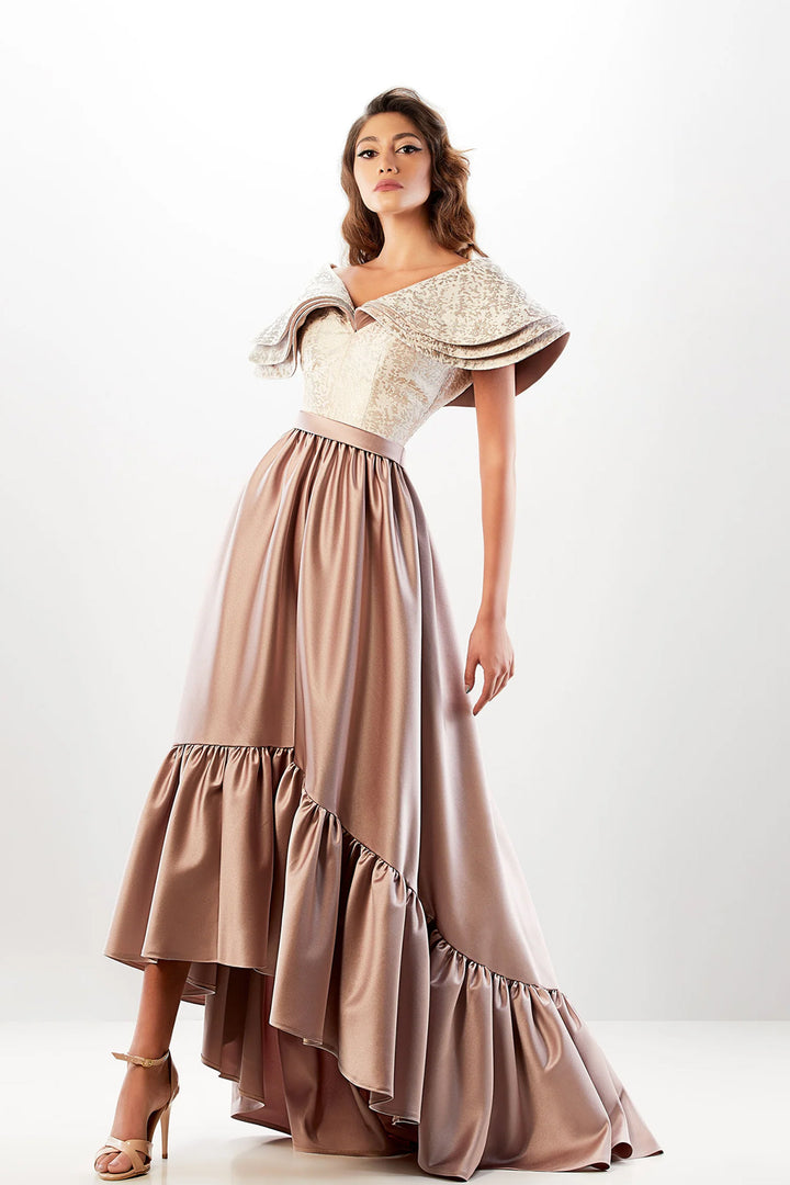 A-Line Dress with High-Low Brocade Skirt